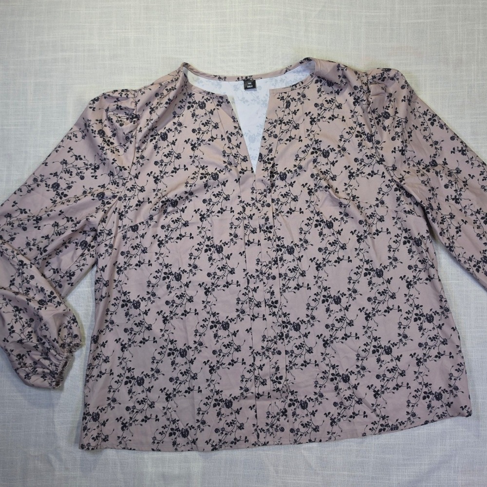 Floral V-Neck Pleated Front Long Sleeve Blouse Cream Black 1XL